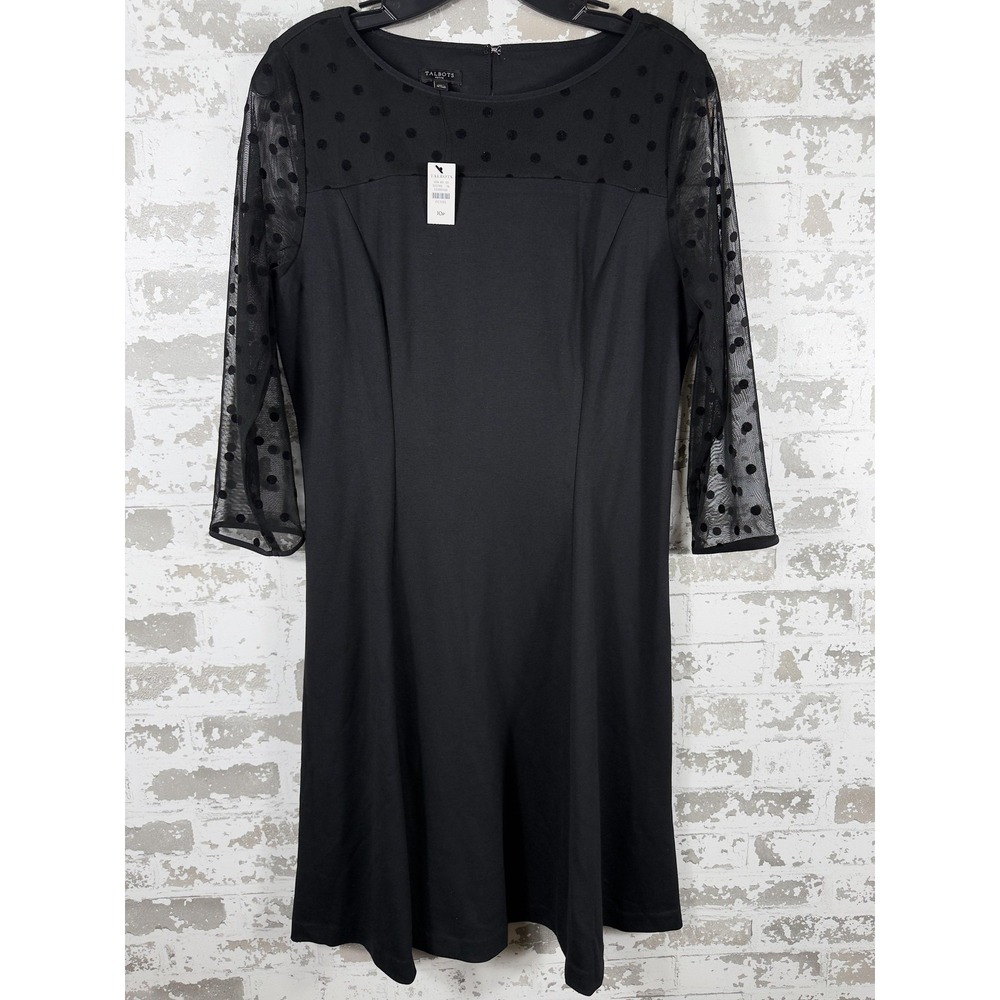 Talbots Dress Womens 10P Black Polka Dot Mesh Yoke‎ 3/4 Sleeve Petite A-Line New